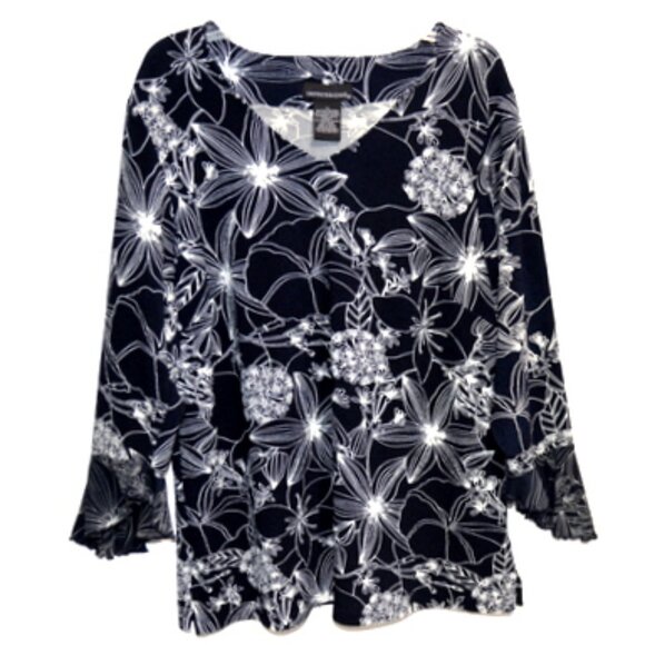 Impressions Tops - Impressions Women's Black Floral V-Neck 3/4 Sleeve Top – Size: 1X